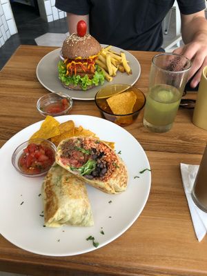 Burrito and vegan ‘chicken’ burger  at I Am Vegan Babe in Canggu