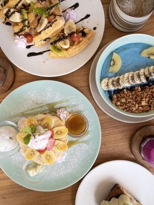 Waffles, pancakes, smoothie bowl 🙏 at I Am Vegan Babe in Canggu