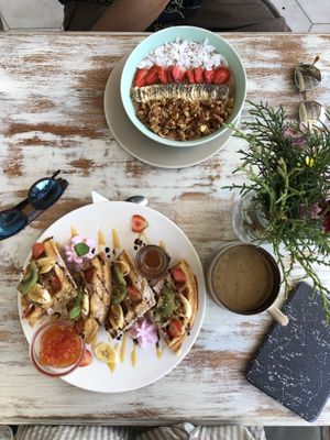 Waffles and cacao tree bowl  at I Am Vegan Babe in Canggu