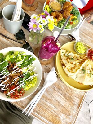 Mexican bowl, poke bowl and quesadillas  at I Am Vegan Babe in Canggu