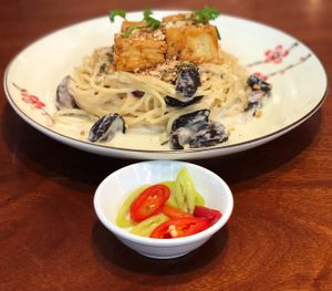 Chili Pepper with a side of cream pasta *_^ at Vegan Garden - Tan Phong in Ho Chi Minh City