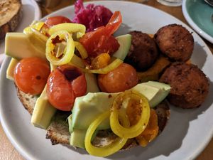 Vegan avocado on toast with a side of sweet potato falafel at Felix For Goodness in Brisbane