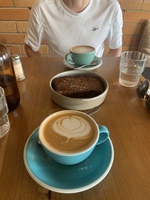 Banana bread and oat milk flat whites   at Felix For Goodness in Brisbane