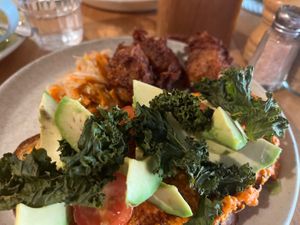 Avo on toast(with vegan fried ‘chicken’)  at Felix For Goodness in Brisbane