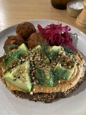 Vegan avocado toast with delicious sweet potato falafels 👌🏽 at Felix For Goodness in Brisbane