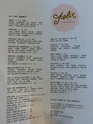 Menu at Felix For Goodness in Brisbane