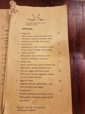 Menu at Vegan Zone in Hoi An