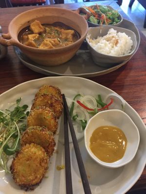 Potato cakes and lemongrass tofu at Vegan Zone in Hoi An