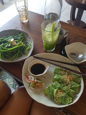 Mustard rolls and morning glory at Vegan Zone in Hoi An