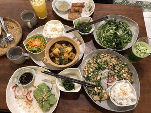 We had the most amazing experience at the vegan zone with the best food of our travels:
Mustard rolls
Vegan rolls
Fried Morning Glory 
Lemongrass tofu 
Pan seared mushrooms
A at Vegan Zone in Hoi An