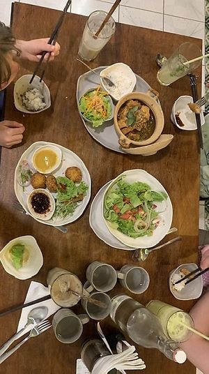 Fantastic vegan meal for 4! We had the lemongrass tofu, grilled veges, potato cakes, spring rolls but my favourite was my energy smoothie aka peanut butter and banana smoothie to d at Vegan Zone in Hoi An