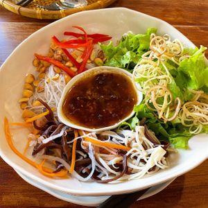 Noodle salad with incredible good sauce at Vegan Zone in Hoi An