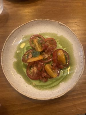 Tomato and oil dish with local foraged items   at Hillside Kitchen & Cellar in Wellington
