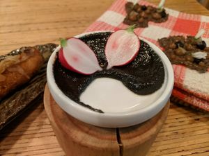 Eggplant skin dip. Pre first course. at Hillside Kitchen & Cellar in Wellington