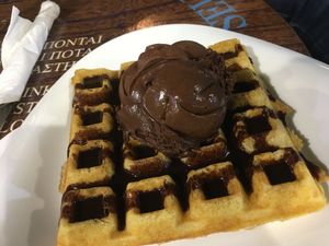 Vegan waffle and vegan ice cream at Vegan Food Tour Athens in Athens