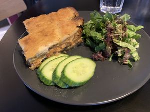 Moussaka with almond and cauliflower bechamel  at Vegan Food Tour Athens in Athens