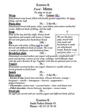 Our menu. at Kosmos K in Copenhagen
