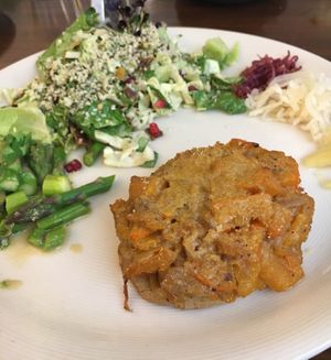 Salad, asparagus, and pumpkin pie at Kosmos K in Copenhagen