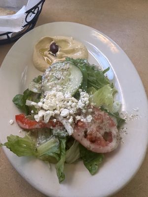 Greek side salad & hummus that came with Vegetarian Falafel Platee  at Petra Cafe in Hattiesburg