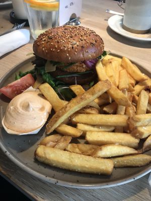Vegan burger with vegan mayo  at Café Gustav in Ronne