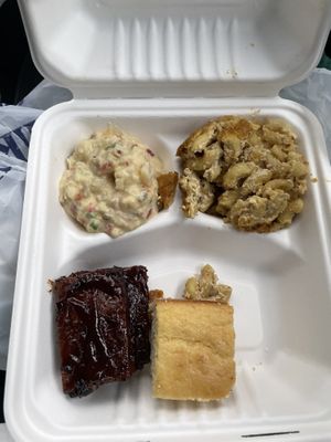 BBQ ribs with Mac n Cheeze, potato salad and cornbread   at VelTree in Charlotte