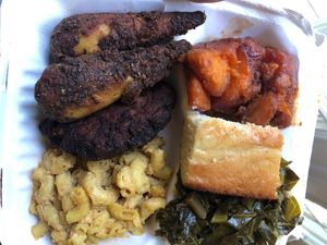 Vegan Drumsticks, Mac and Cheese, Sweet Potato Yams, Collard Greens, and Cornbread at VelTree in Charlotte