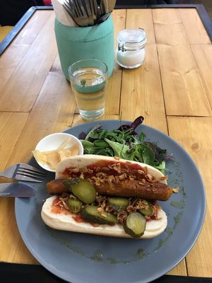 Vegan Hot dog before being eaten at WokeCup Cafe in Dublin