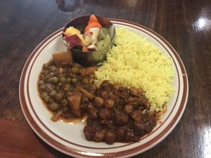 Rice, salad, and a couple options all from buffet. at Saffron in Kalamazoo