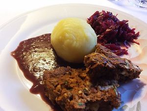 Christmas Menu: Lentil walnut roast, dumplings, red cabbage and red wine gravy. at Roswitha & Brigitte 3.0 in Nuremberg