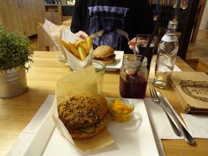 burger menu with pumpkin ketchup sauce in front, in the back: vegetarian variant at 1885 in Bremen
