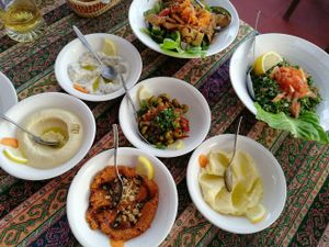 Dips and salads at Zaatar Lebanese Syrian Cuisine in Ayia Napa