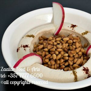 Hummus bil snobar (pine seeds) at Zaatar Lebanese Syrian Cuisine in Ayia Napa