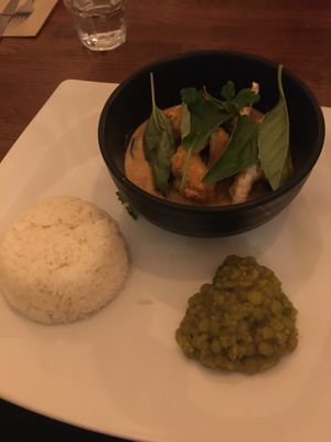 Main dish: curry with eggplant and basil  at Veget'Halles in Paris