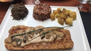 escalope de seitan sauce champignons, lentilles, 2 riz et pommes de terres  at Veget'Halles in Paris