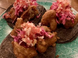 Baja style cauliflower tacos (battered and fried)  at Barba Negra in Holbox