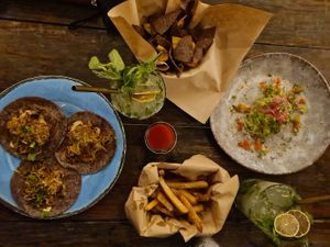 Mushroom tacos, fries and a serving of guac, enough to feed 2 people and only 230 pesos! at Barba Negra in Holbox