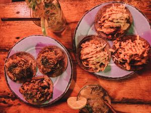 Mushroom & garlic tacos up top, battered cauliflower down below at Barba Negra in Holbox