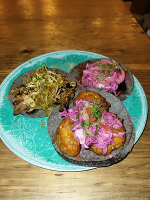 Vegan diablo mushroom taco, garlic smoked chilly mushroom taco & califlower taco at Barba Negra in Holbox