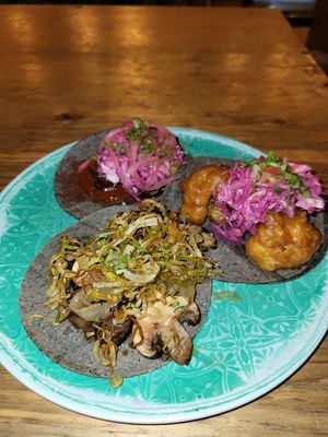 Vegan diablo mushroom taco, garlic smoked chilly mushroom taco & califlower taco at Barba Negra in Holbox