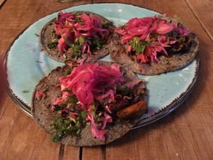 Tacos of mushrooms with chipotle sauce (a bit spicy) at Barba Negra in Holbox