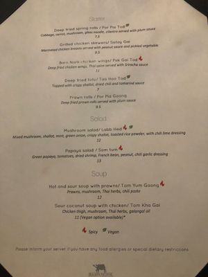 Menu at Barn Nork in Whistler