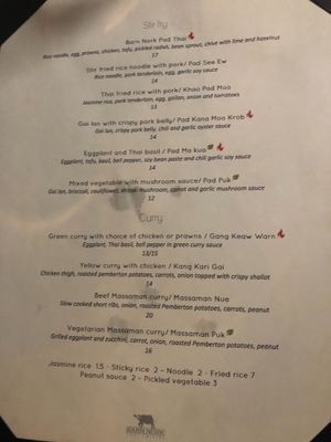 Menu at Barn Nork in Whistler