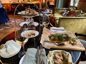 Mezze trio and king oyster shawarma to share  at NENI in Hamburg
