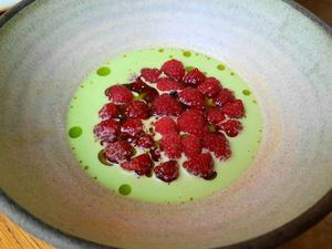 Cold raspberry-asparagus soup at Opa in Tel Aviv