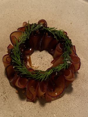 Plum, black mustard compote, almonds, dill at Opa in Tel Aviv