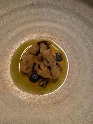 Blueberries, golden berries, fermented potatoes, pickled mustard seeds. at Opa in Tel Aviv