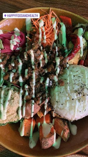 Happy bowl - Turkish rice, grilled veggies, sweet potatoes, humus, fresh salad and mayo dressing - 15.75 eur   at Happy Food and Health  in Rotterdam
