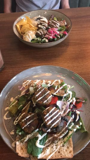 Focaccia and Turkish rice bowl with köfte for lunch  at Happy Food and Health  in Rotterdam