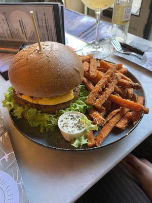 Amazing burger with sweet potato friess  at Happy Food and Health  in Rotterdam