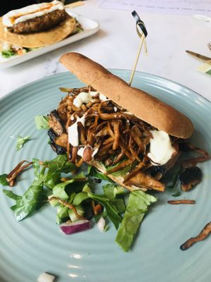 Focaccia with oysters mushrooms at Happy Food and Health  in Rotterdam